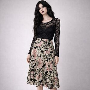 Y2K Silk Floral Midi Skirt 12 Pink Black Flowy Chiffon Dark Cottage Whimsigoth